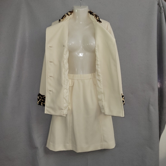 Vintage 60s Ivory Leopard Fur Trim Suit Double Breasted Blazer Mini Skirt S - Picture 9 of 15
